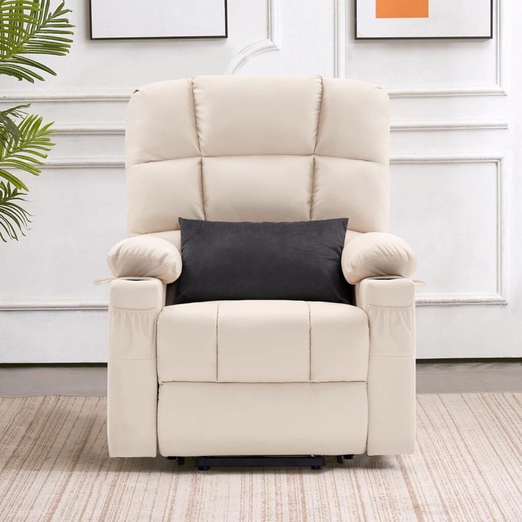 MCombo Large Lay Flat Dual Motor Power Lift Recliner Chair Sofa with Massage and Heat for Elderly People, Infinite Position, Faux Leather 7680 (Cream White, Large)