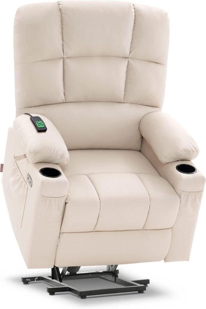 MCombo Large Lay Flat Dual Motor Power Lift Recliner Chair Sofa with Massage and Heat for Elderly People, Infinite Position, Faux Leather 7680 (Cream White, Large)