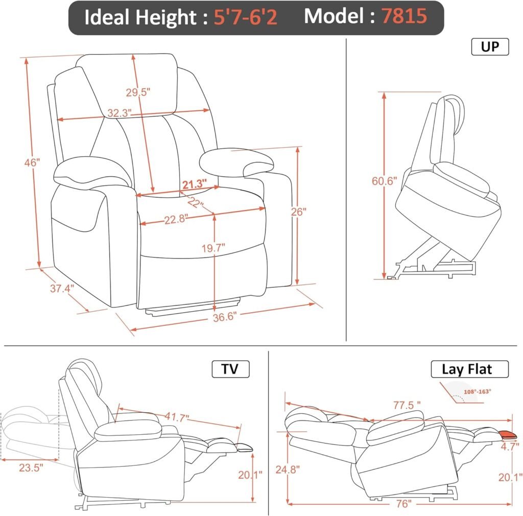 MCombo Large Lay Flat Dual Motor Power Lift Recliner Chair Sofa with Massage and Heat, USB Ports, Cup Holders, Extended Footrest, for Elderly People, Infinite Position, Faux Leather 7815