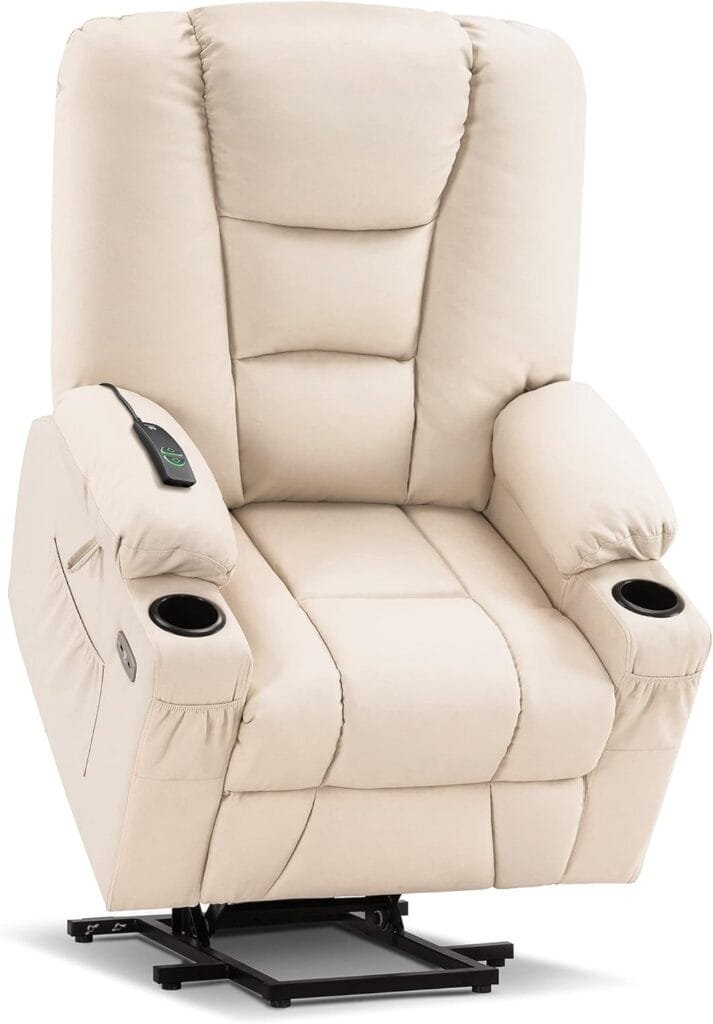 MCombo Large Power Lift Recliner Chair Sofa with Massage and Heat for Elderly People, Extended Footrest, Hand Remote Control, Lumbar Pillow, USB Ports, Faux Leather 7539 (Large, Cream White)