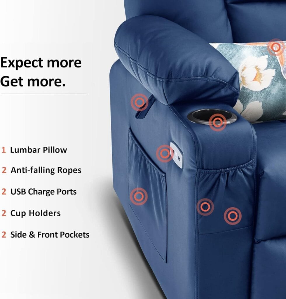 MCombo Large Power Lift Recliner Chair Sofa with Massage and Heat for Elderly People, Extended Footrest, Hand Remote Control, Lumbar Pillow, USB Ports, Faux Leather 7539 (Large, Cream White)