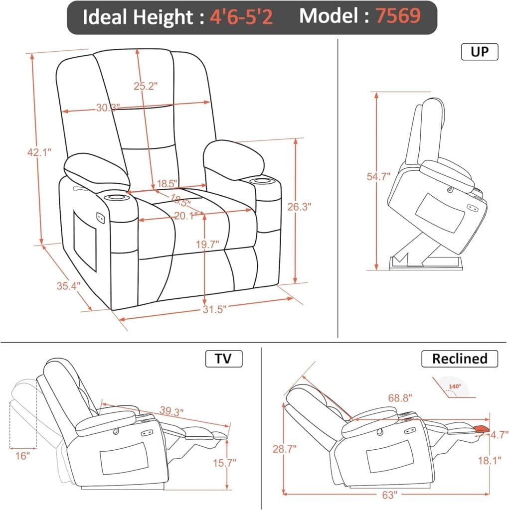 MCombo Large Power Lift Recliner Chair Sofa with Massage and Heat for Elderly People, Extended Footrest, Hand Remote Control, Lumbar Pillow, USB Ports, Faux Leather 7539 (Large, Cream White)