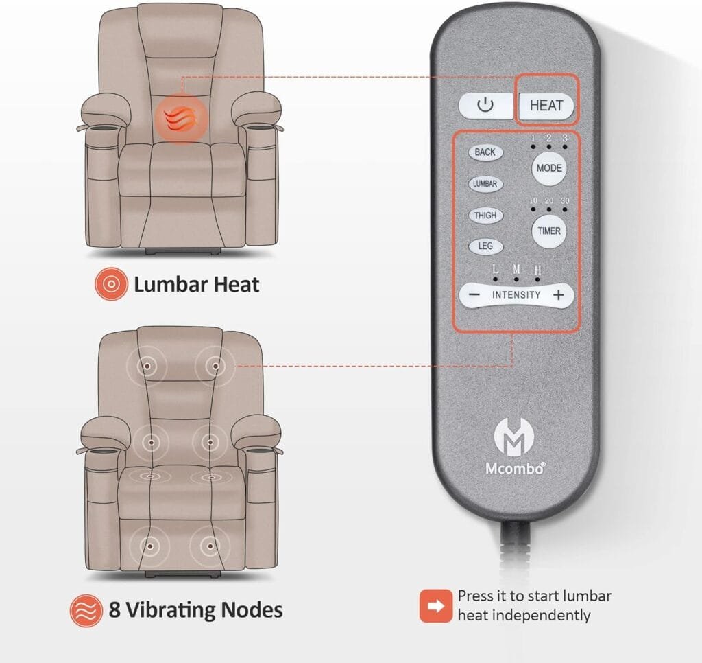 MCombo Large Power Lift Recliner Chair Sofa with Massage and Heat for Elderly People, Extended Footrest, Hand Remote Control, Lumbar Pillow, USB Ports, Faux Leather 7539 (Large, Cream White)