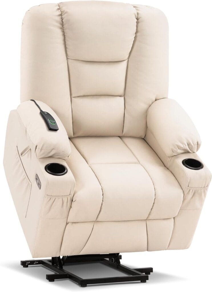 MCombo Large Power Lift Recliner Chair Sofa with Massage and Heat for Elderly People, Extended Footrest, Hand Remote Control, Lumbar Pillow, USB Ports, Faux Leather 7539 (Large, Cream White)