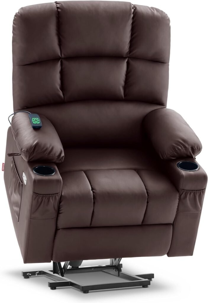 MCombo Medium Lay Flat Dual Motor Power Lift Recliner Chair Sofa with Massage and Heat for Elderly People, Infinite Position, Faux Leather 7679 (Dark Brown, Medium)