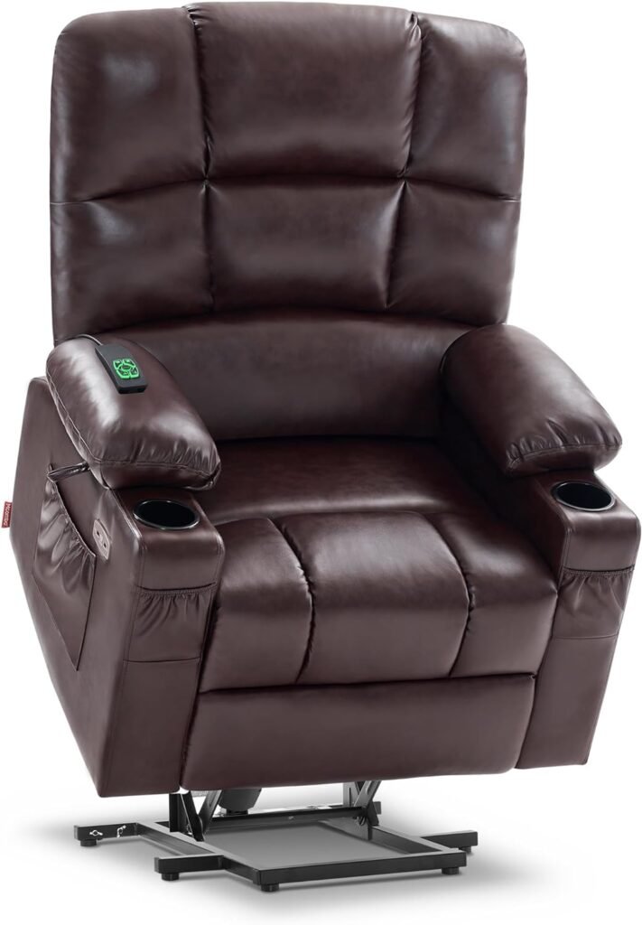 MCombo Medium Lay Flat Dual Motor Power Lift Recliner Chair Sofa with Massage and Heat for Elderly People, Infinite Position, Faux Leather 7679 (Dark Brown, Medium)