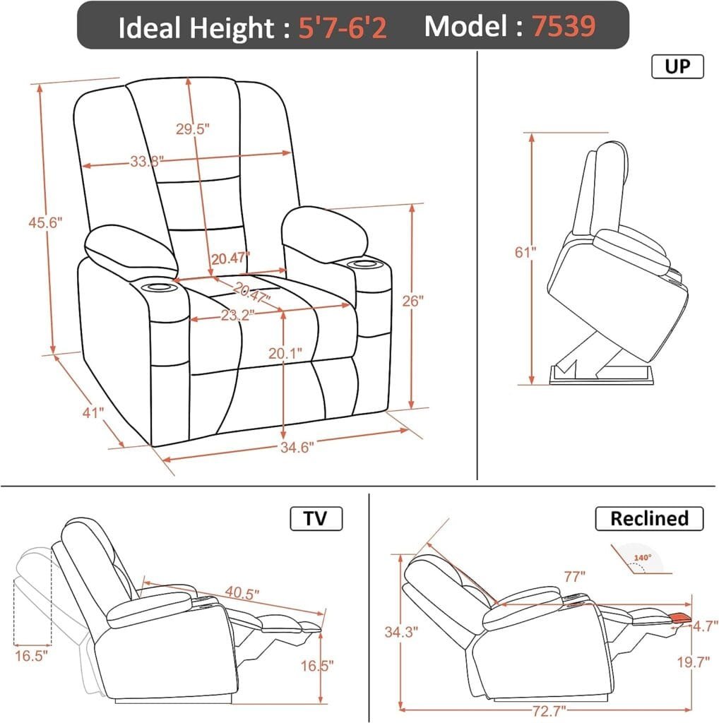 MCombo Power Lift Recliner Chair Sofa with Massage and Heat for Elderly People, Extended Footrest, Hand Remote Control, Lumbar Pillow, USB Ports, Faux Leather 7519 (Medium, Navy Blue)