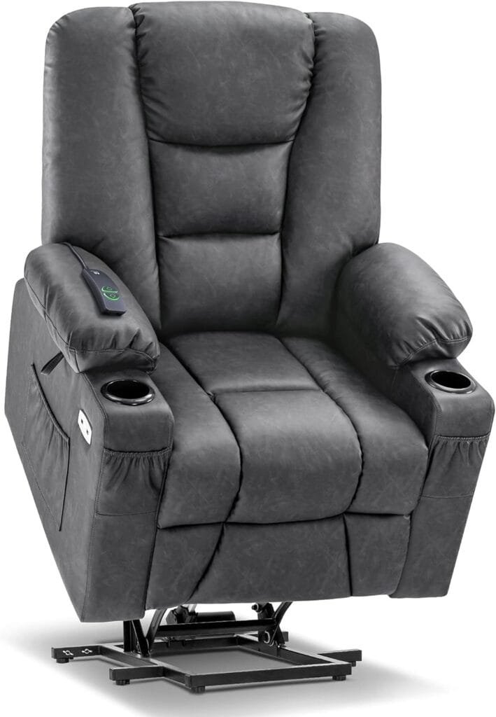 MCombo Power Lift Recliner Chair Sofa with Massage and Heat for Elderly People, Extended Footrest, Hand Remote Control, Lumbar Pillow, USB Ports, Faux Leather 7519 (Medium, Navy Blue)