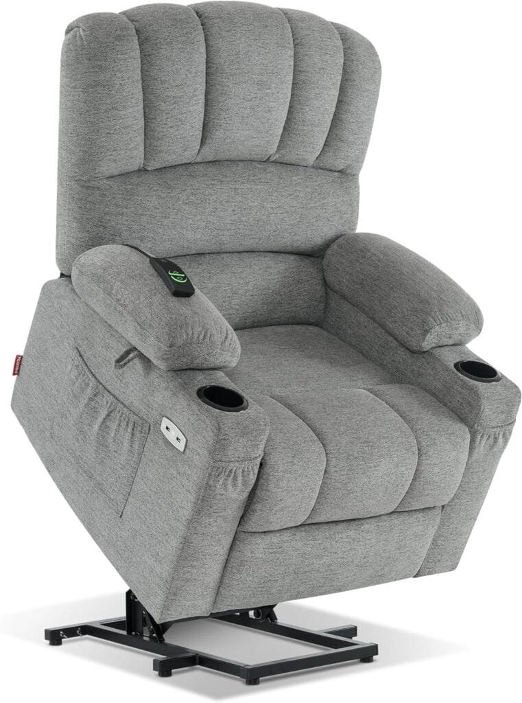 MCombo Power Lift Recliner Chair with Massage and Heat for Elderly, Extended Footrest, Cup Holders, USB Ports, 2 Side Pockets, Fabric 7095 (Medium-Regular, Grey)