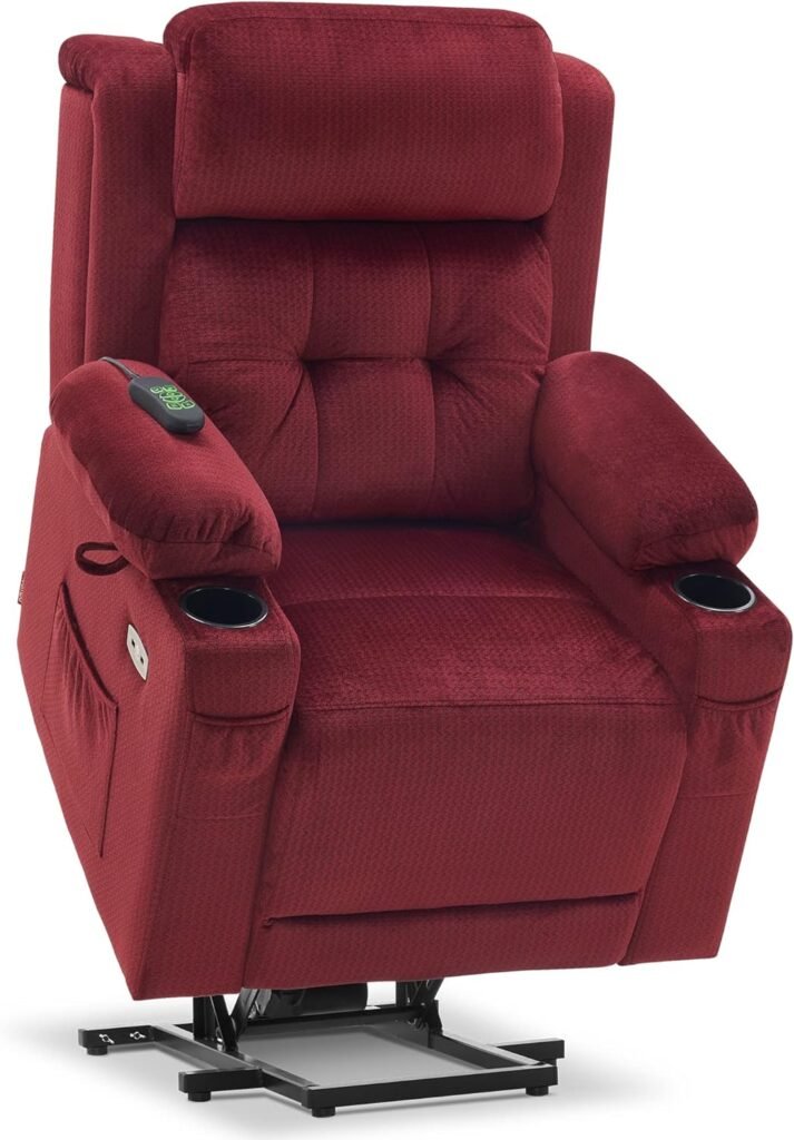 MCombo Small Lay Flat Dual Motor Power Lift Recliner Chair Sofa with Adjustable Headrest, Massage and Heat for Elderly People, Infinite Position, Fabric 7660 (Burgundy, Small)