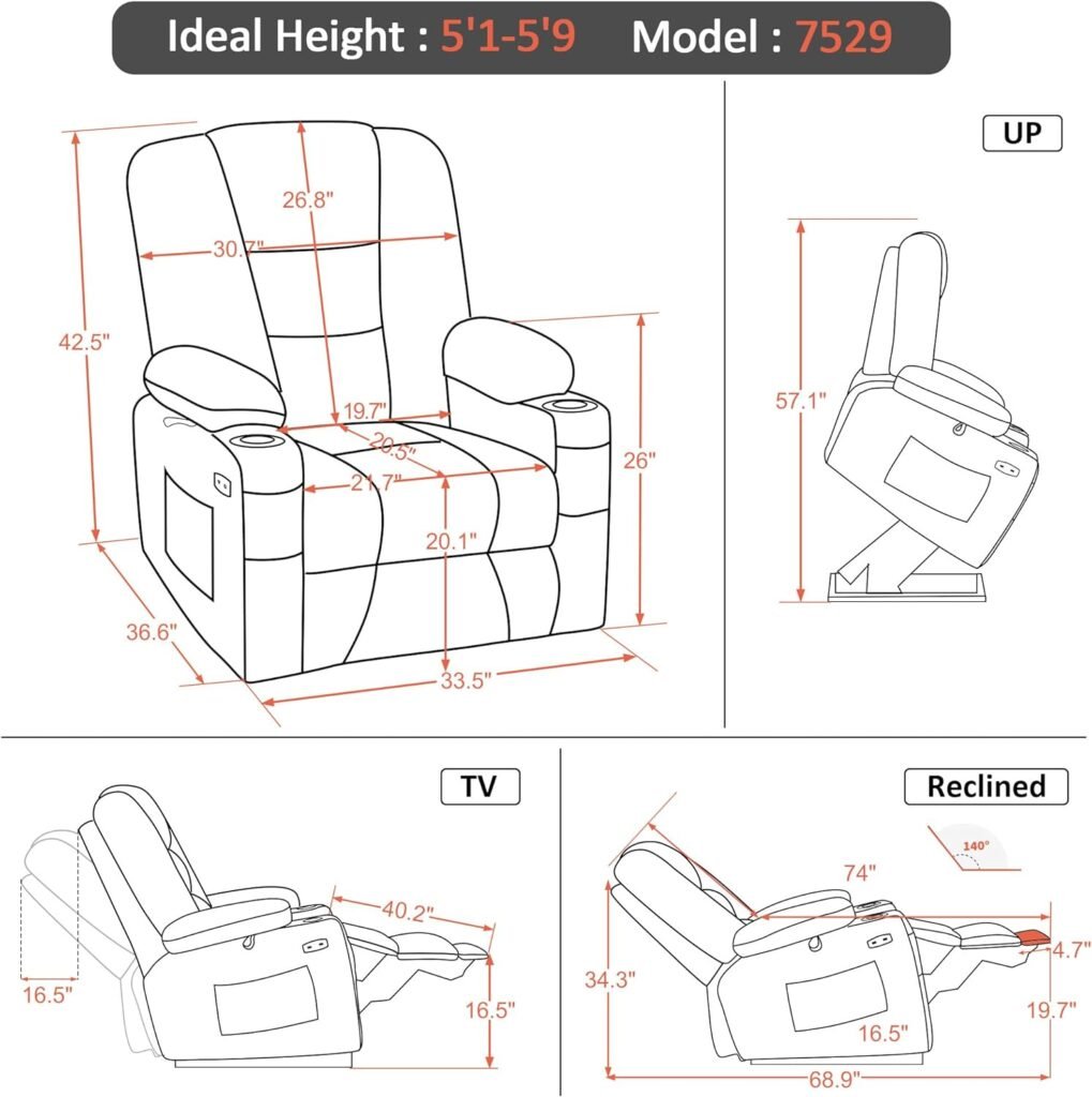 MCombo Small Power Lift Recliner Chair Sofa with Massage and Heat for Elderly People, Extended Footrest, Hand Remote Control, Cup Holders, USB Ports, Fabric 7569 (Small, Brown)