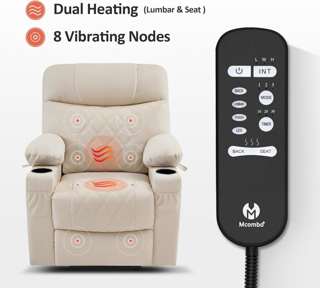 MCombo Small Size Power Lift Recliner Chair Sofa with Massage and Dual Heating, Adjustable Headrest for Elderly People Petite, USB Ports, Extended Footrest, Faux Leather 7111 (Cream White)