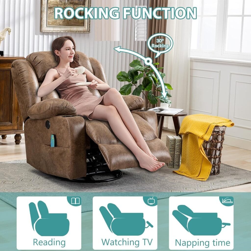 MEETWARM Massage Swivel Rocker Recliner with Heat and Vibration, Manual Glider Rocking Recliner Chair, 360°Swivel Lounge Reclining Chair with USB Ports/Cup Holder/Remote Control(Brown)