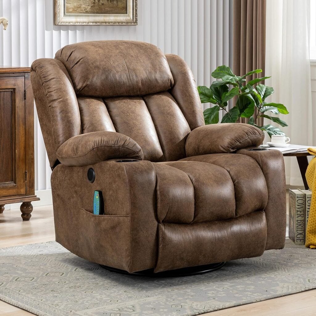 MEETWARM Massage Swivel Rocker Recliner with Heat and Vibration, Manual Glider Rocking Recliner Chair, 360°Swivel Lounge Reclining Chair with USB Ports/Cup Holder/Remote Control(Brown)