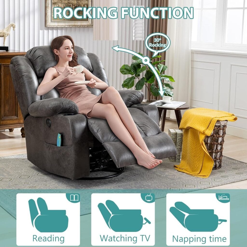 MEETWARM Massage Swivel Rocker Recliner with Heat and Vibration, Manual Glider Rocking Recliner Chair, 360°Swivel Lounge Reclining Chair with USB Ports/Cup Holder/Remote Control(Brown)