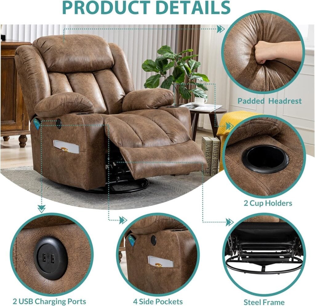 MEETWARM Massage Swivel Rocker Recliner with Heat and Vibration, Manual Glider Rocking Recliner Chair, 360°Swivel Lounge Reclining Chair with USB Ports/Cup Holder/Remote Control(Brown)