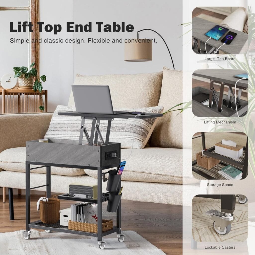 Merapi Lift-top End Table with Charging Station, Rustic Wood Sofa Side Table, Nightstand with Wheels and USB Ports for Living Room, Bed Room, Study