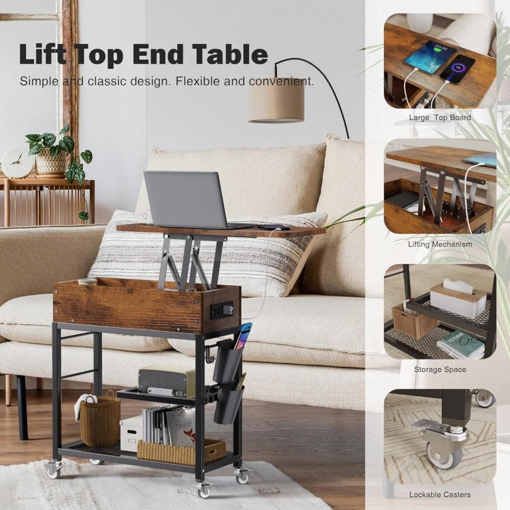 Merapi Lift-top End Table with Charging Station, Rustic Wood Sofa Side Table, Nightstand with Wheels and USB Ports for Living Room, Bed Room, Study