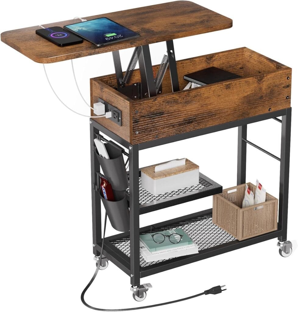 Merapi Lift-top End Table with Charging Station, Rustic Wood Sofa Side Table, Nightstand with Wheels and USB Ports for Living Room, Bed Room, Study