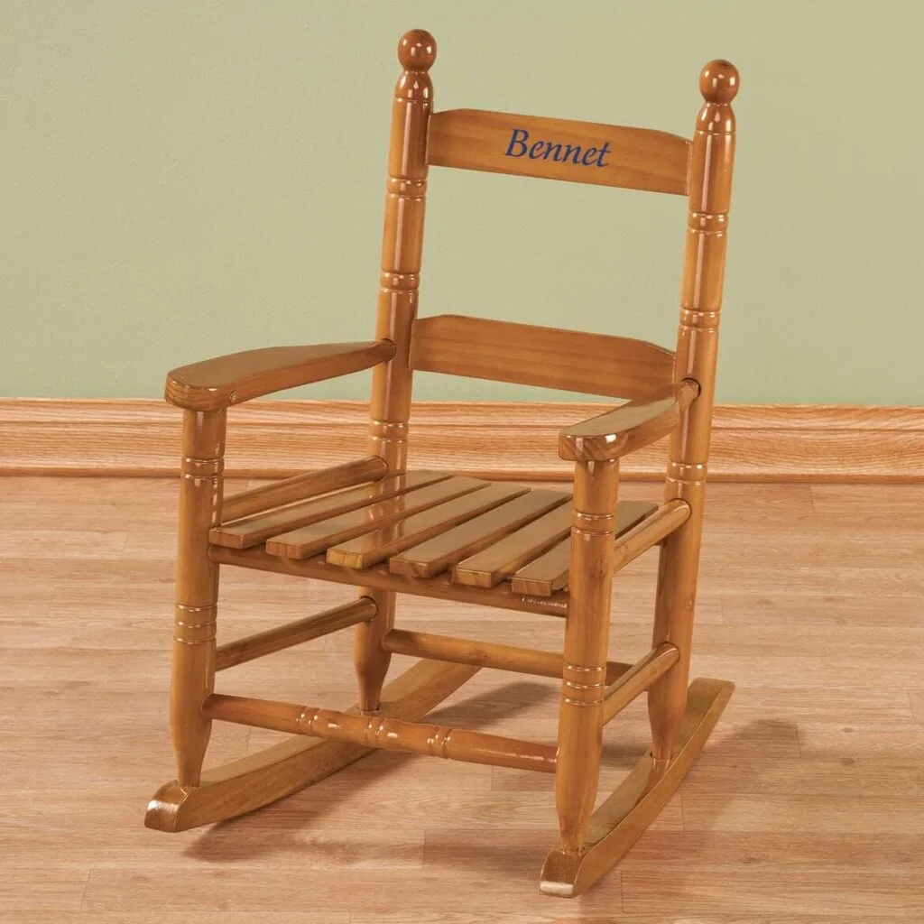Miles Kimball Personalized Childrens Rocking Chair, Features Classic Rocker Design and Hardwood Construction, Natural Finish with Blue Font