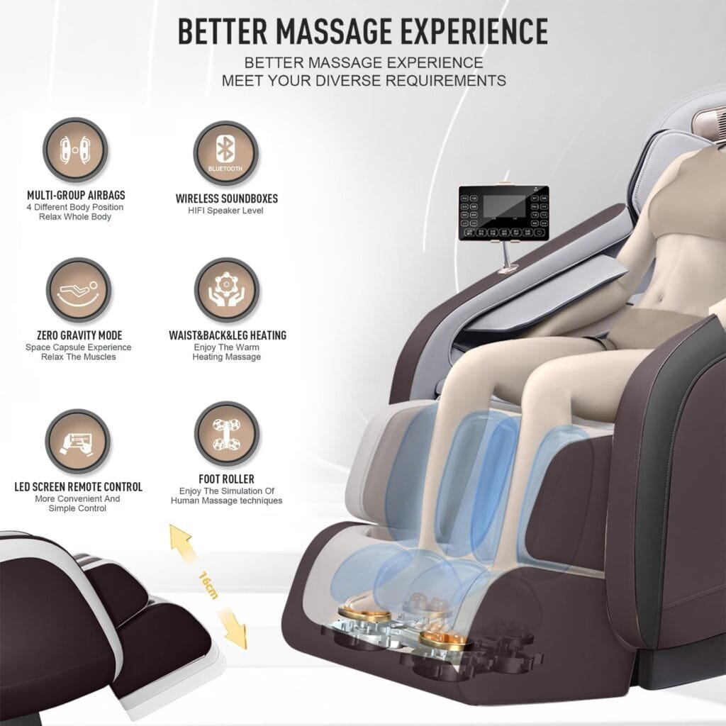 MMQ Massage Chair Zero Gravity Full Body-Electric Shiatsu Recliner with Back Heating and Foot Roller，Built-in Bluetooth Speakers for Home and Office，Plug and Play (Brown)