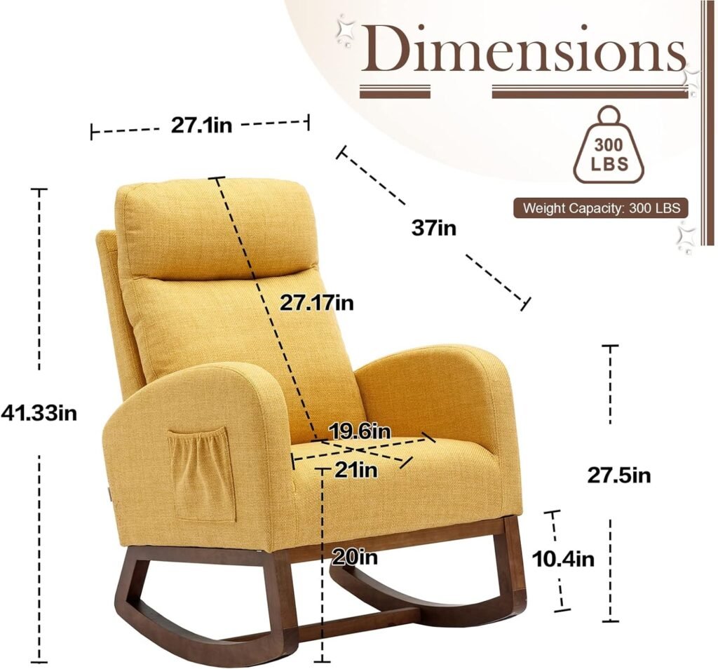 Modern Accent Rocking Chair, Upholstered Nursery Glider Rocker for Baby and Kids, Comfy Armchair with Side Pocket, Living Room Lounge Arm Chair, High Backrest with Decorative Buttons, Light Grey