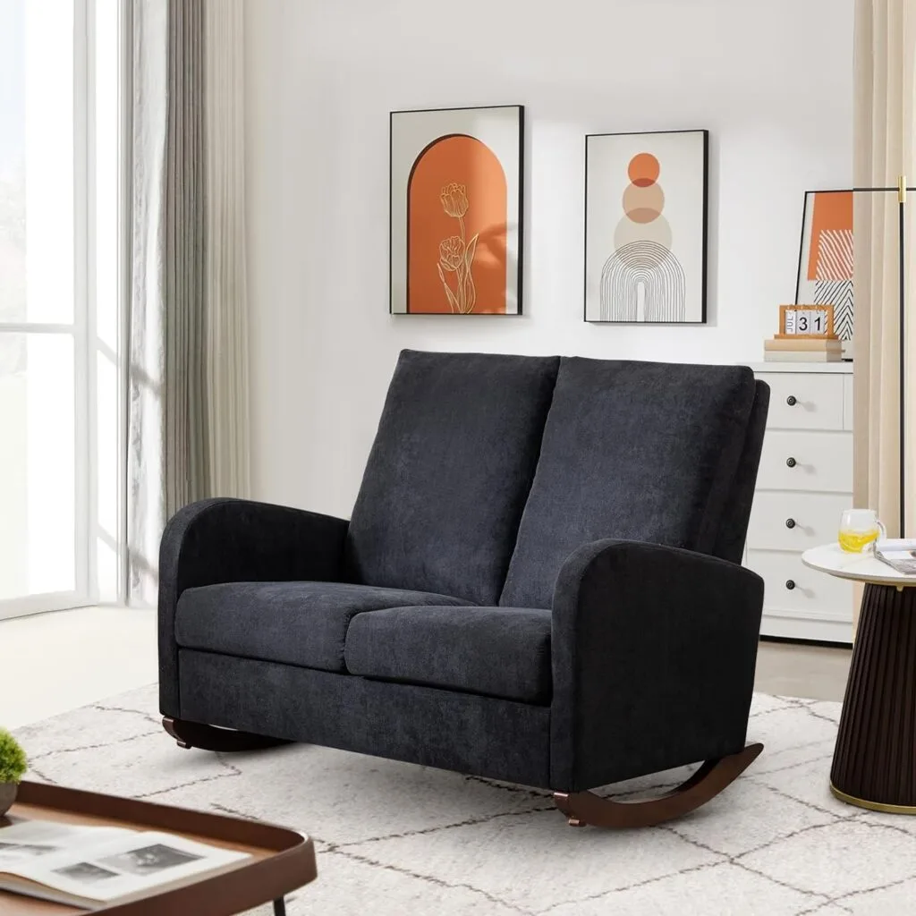 Modern Double Rocking Chair, Upholstered Oversized Glider Rocker for Baby Nursery and Kids, Loveseat Accent Armchair with High Back and Side Pocket, Extra Wide Lounge Chair for Living Room, Light Grey Modern Double Rocking Chair, Upholstered Oversized Glider Rocker for Baby Nursery and Kids, Loveseat Accent Armchair with High Back and Side Pocket, Extra Wide Lounge Chair for Living Room, Light Grey