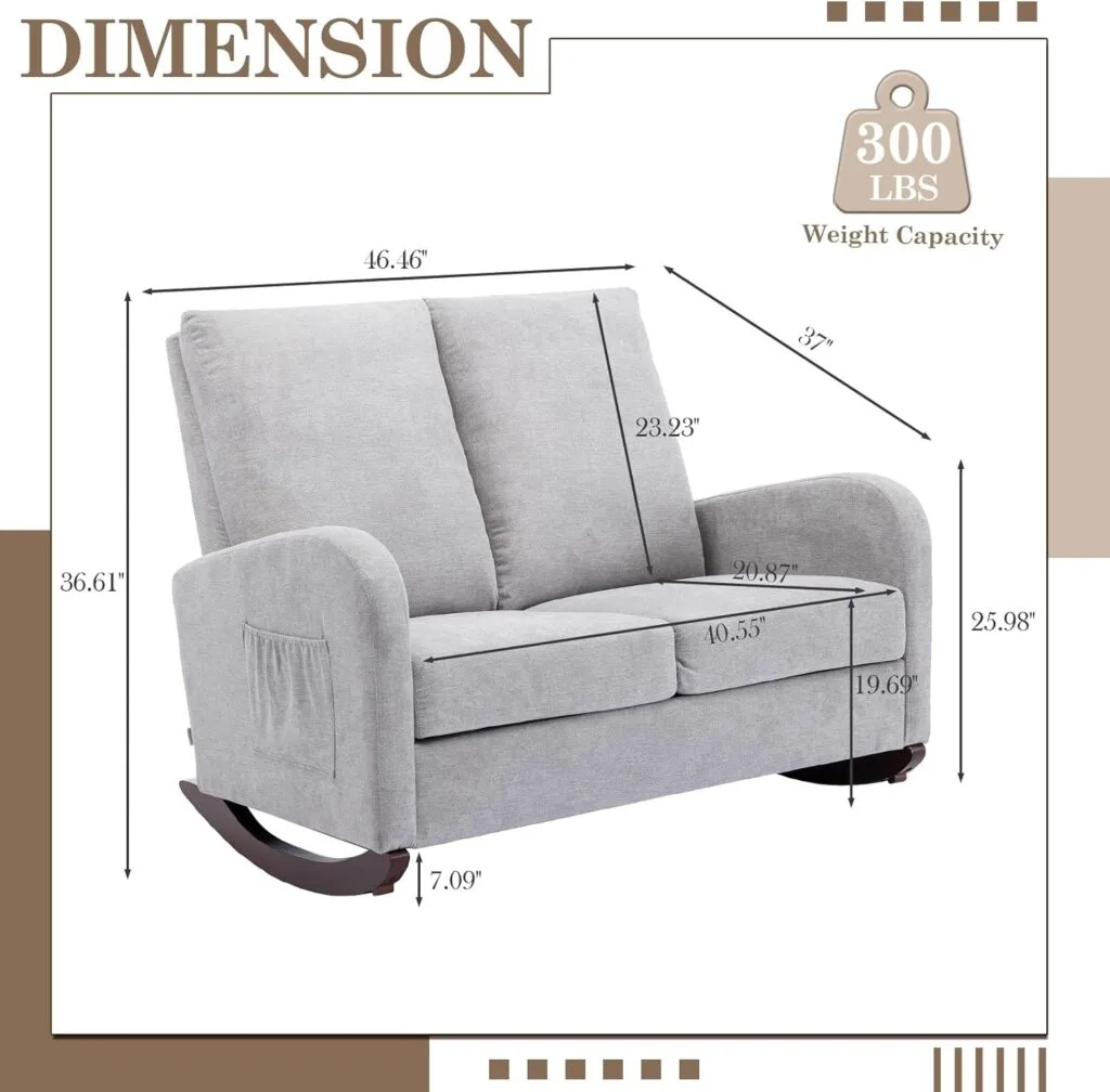 Modern Double Rocking Chair, Upholstered Oversized Glider Rocker for Baby Nursery and Kids, Loveseat Accent Armchair with High Back and Side Pocket, Extra Wide Lounge Chair for Living Room, Light Grey Modern Double Rocking Chair, Upholstered Oversized Glider Rocker for Baby Nursery and Kids, Loveseat Accent Armchair with High Back and Side Pocket, Extra Wide Lounge Chair for Living Room, Light Grey