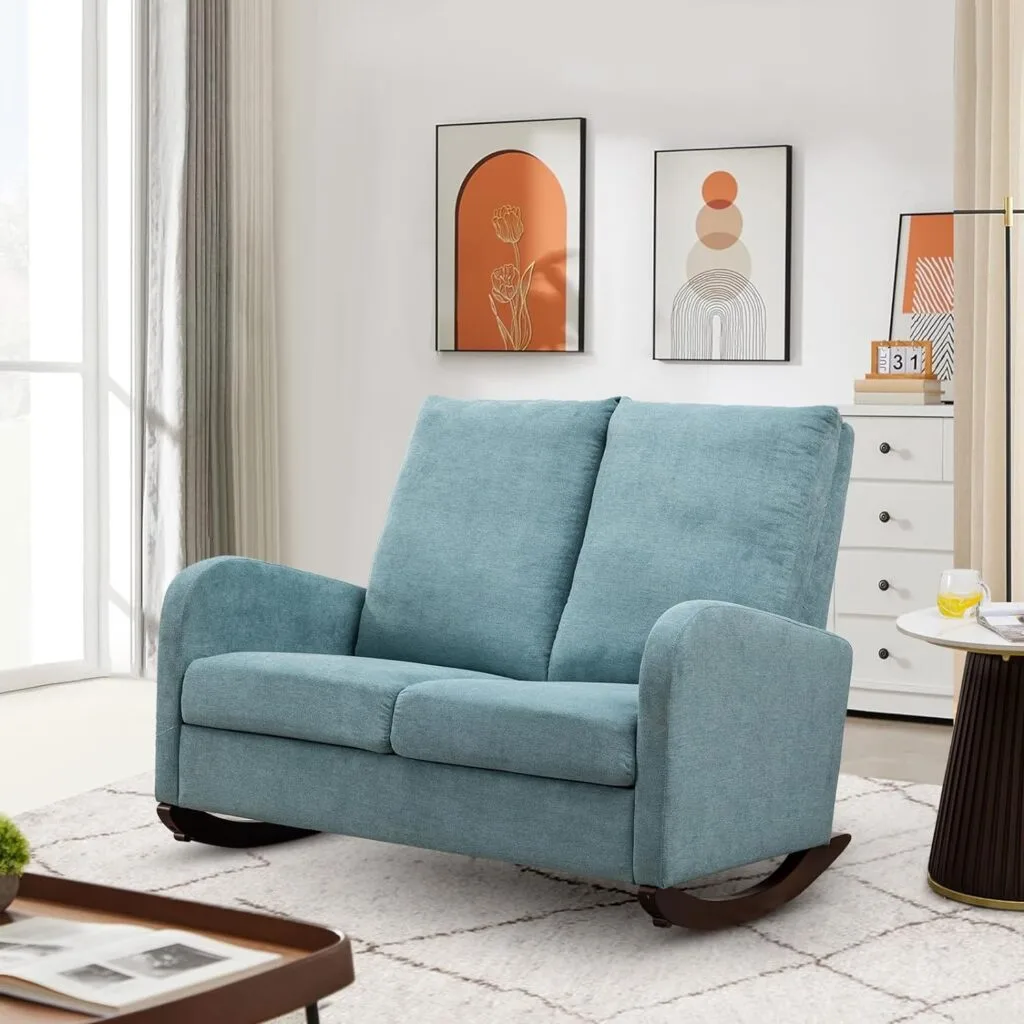 Modern Double Rocking Chair, Upholstered Oversized Glider Rocker for Baby Nursery and Kids, Loveseat Accent Armchair with High Back and Side Pocket, Extra Wide Lounge Chair for Living Room, Light Grey Modern Double Rocking Chair, Upholstered Oversized Glider Rocker for Baby Nursery and Kids, Loveseat Accent Armchair with High Back and Side Pocket, Extra Wide Lounge Chair for Living Room, Light Grey