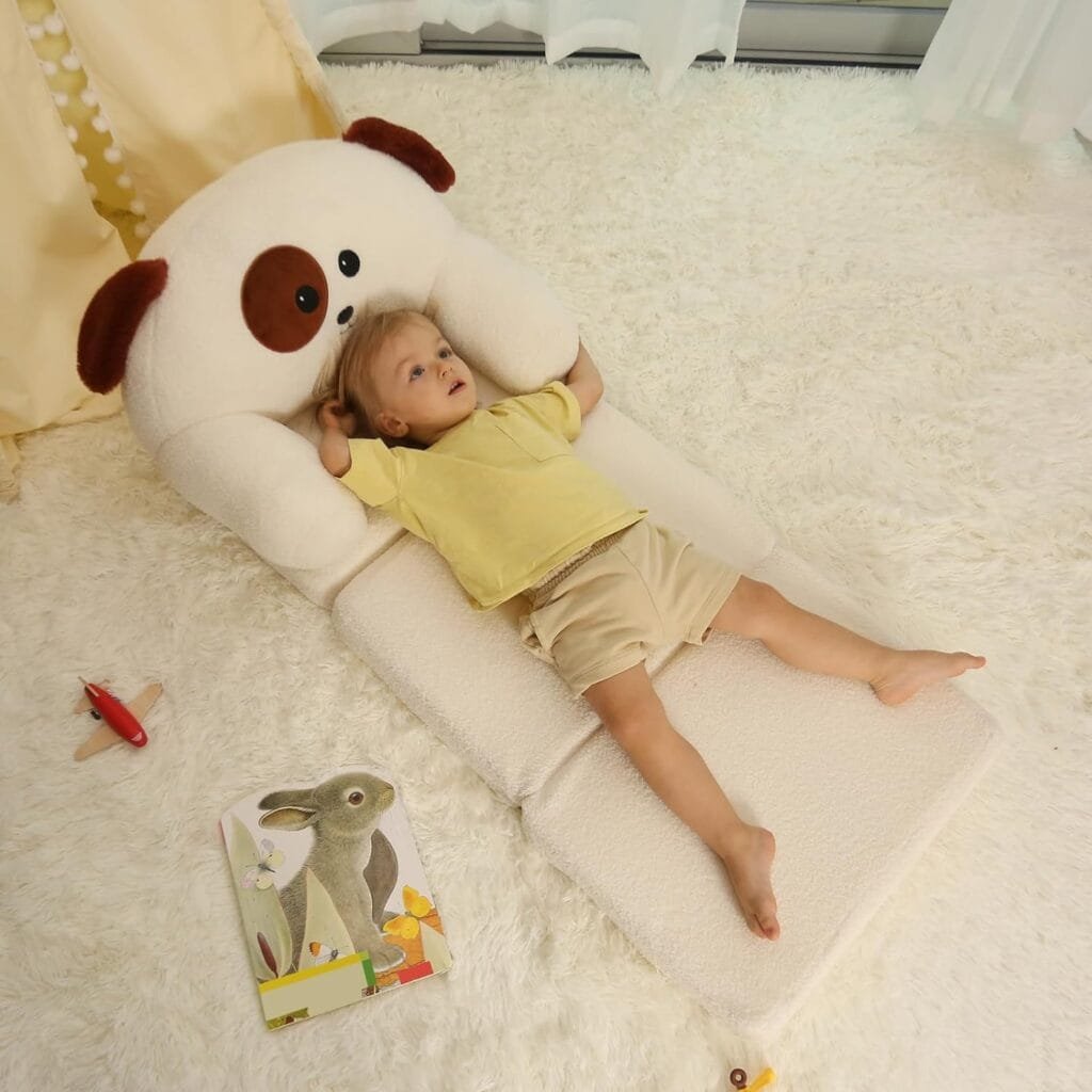 MOONBEEKI Comfy Toddler Chair, Kids Couch Fold Out to Lounger, Foldable Baby Sofa Plush for Girl and Boy Age 1-3 (Black and Cream Dog)