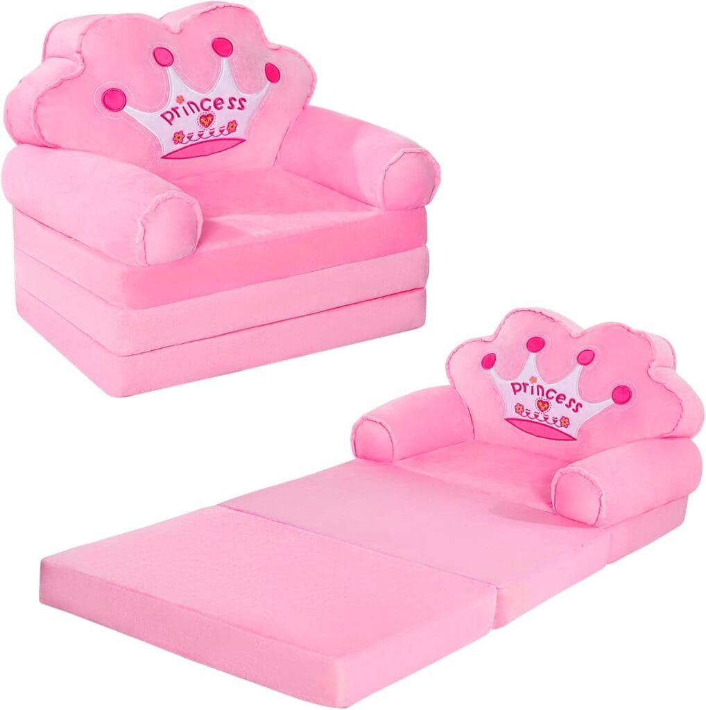 MOONBEEKI Kids Couch Fold Out, Foldable Princess Chair for Toddlers 1-3, Sofa Bed for Kids Folding Toddler Bed Lounger Chair for Bedroom, Toddler Couch Bed for Girl (Pink)