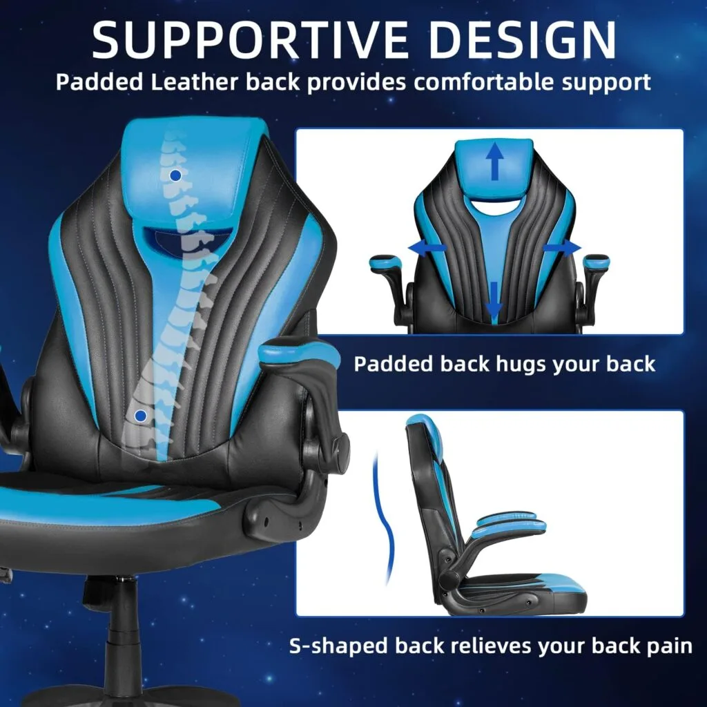 MUZII Gaming Chair, Gamer Chairs for Adults, Video Game Chairs, Swivel Computer Chair with Adjustable Height, Comfortable Office Desk Chair with Wheels, Racing Gaming Chair for Adults Teens, Blue