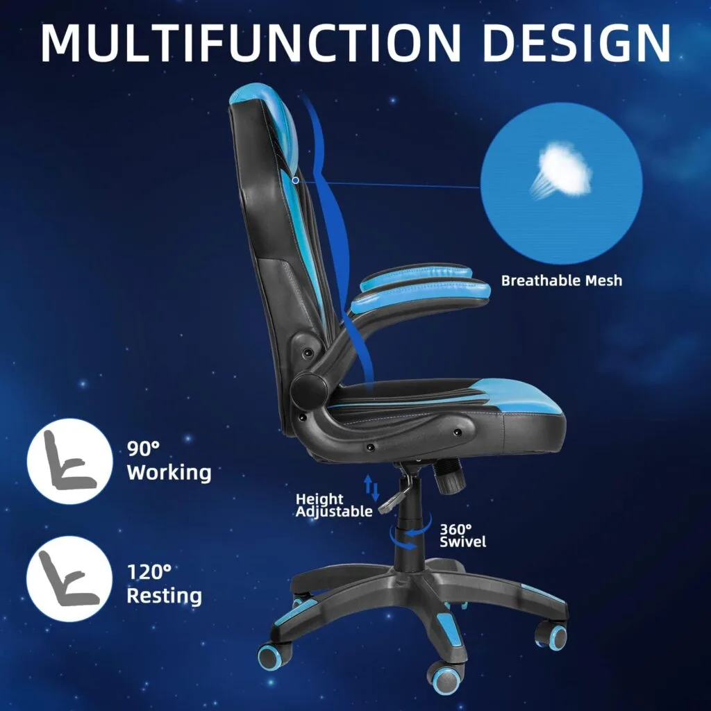MUZII Gaming Chair, Gamer Chairs for Adults, Video Game Chairs, Swivel Computer Chair with Adjustable Height, Comfortable Office Desk Chair with Wheels, Racing Gaming Chair for Adults Teens, Blue