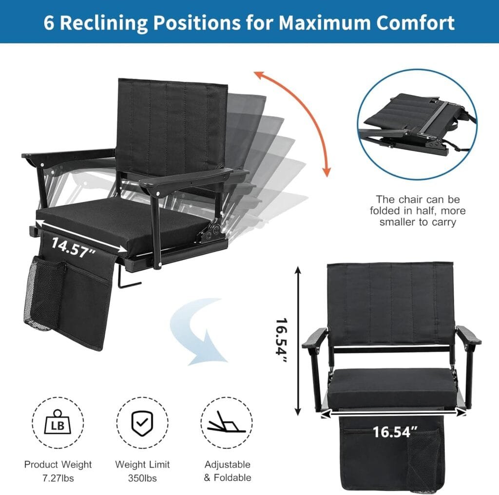 NAIZEA Stadium Seat for Bleachers with Back Support, Folding Stadium Seat Bleacher Chair with 6 Reclining Positions  Arm Support, Foldable Stadium Chair Camping Chair for Outdoor Sport Events