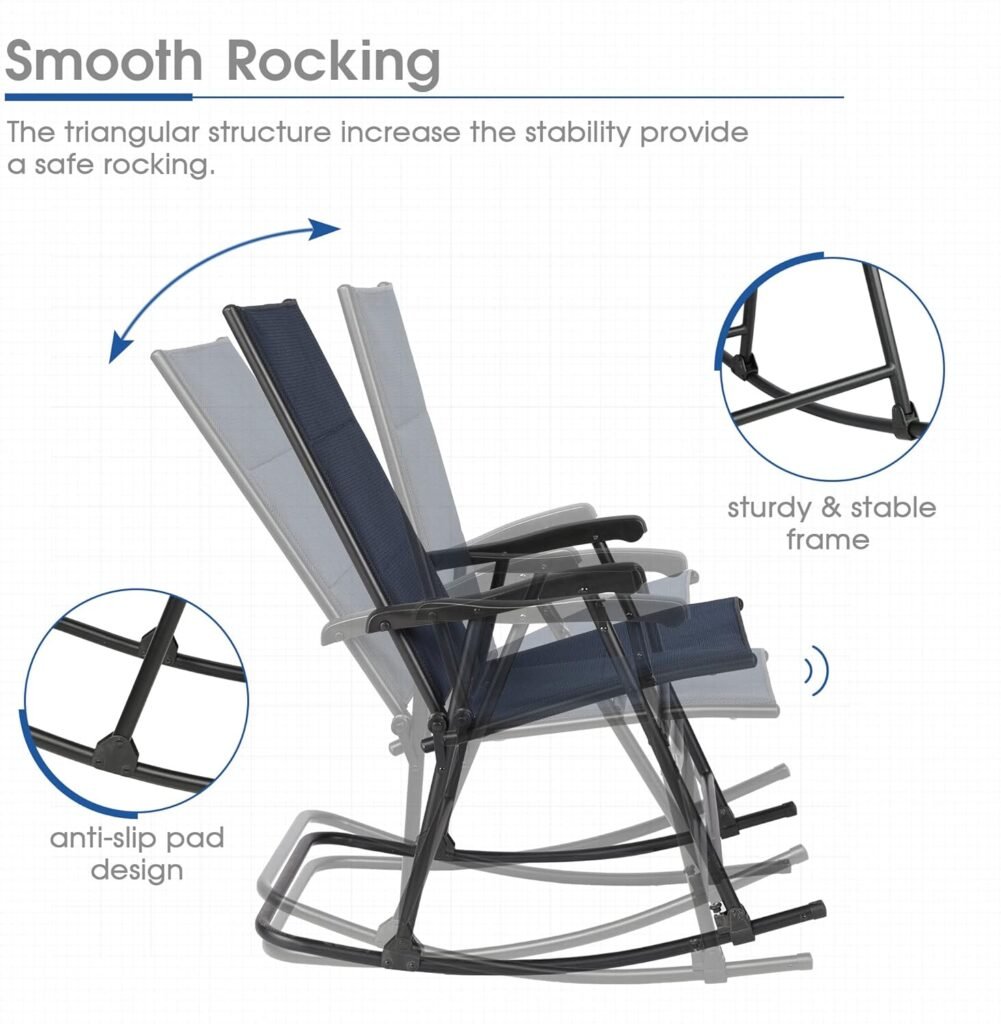 NATURAL EXPRESSIONS Folding Patio Rocking Chairs,Outdoor Oversized Textilene Fabric Rocker with High Back Hard Armrest,Portable Rocking Chair for Garden, Backyard, Porch, 300lb