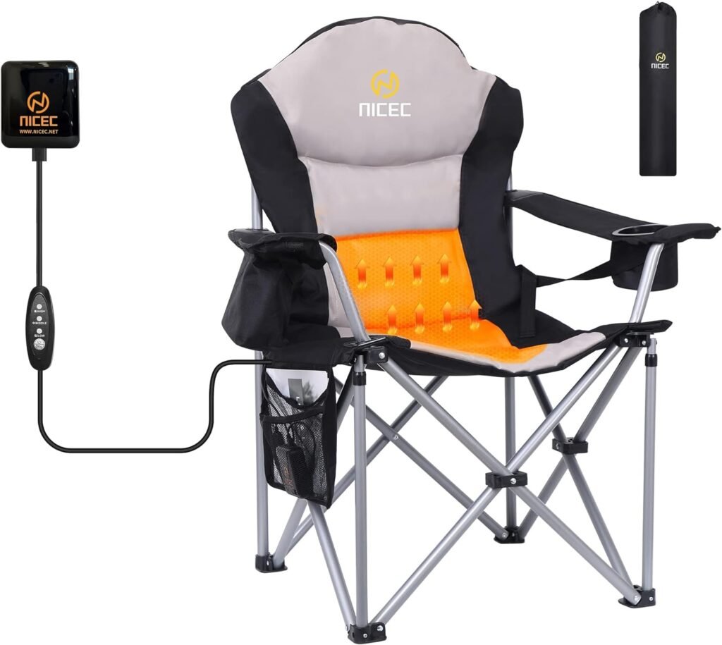 Nice C Outdoor Heated Chair, Heated Camping Chair, Folding Chair, Beach Chair, WideThick Padding, Heavy Duty Cooler, Carry Bag, Cupholder  Side Pockets, 10000mAh Power Bank Included (1 Pack)