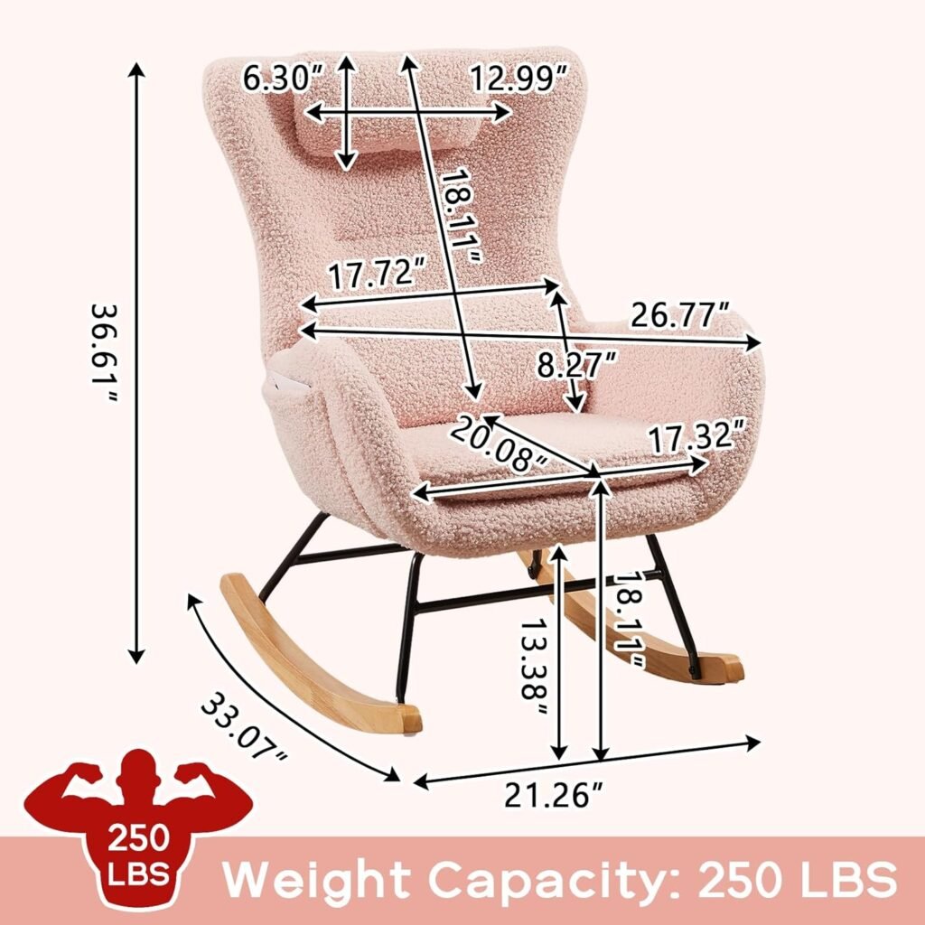 NIOIIKIT Nursery Rocking Chair, Teddy Upholstered Glider Rocker with Headrest and Lumbar Pillow, High Backrest Rocking Accent Chair with Side Pocket, Comfy Armchair for Living Room (Beige)