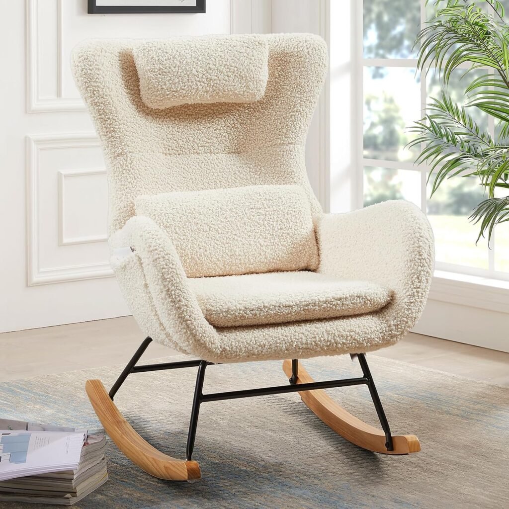 NIOIIKIT Nursery Rocking Chair, Teddy Upholstered Glider Rocker with Headrest and Lumbar Pillow, High Backrest Rocking Accent Chair with Side Pocket, Comfy Armchair for Living Room (Beige)