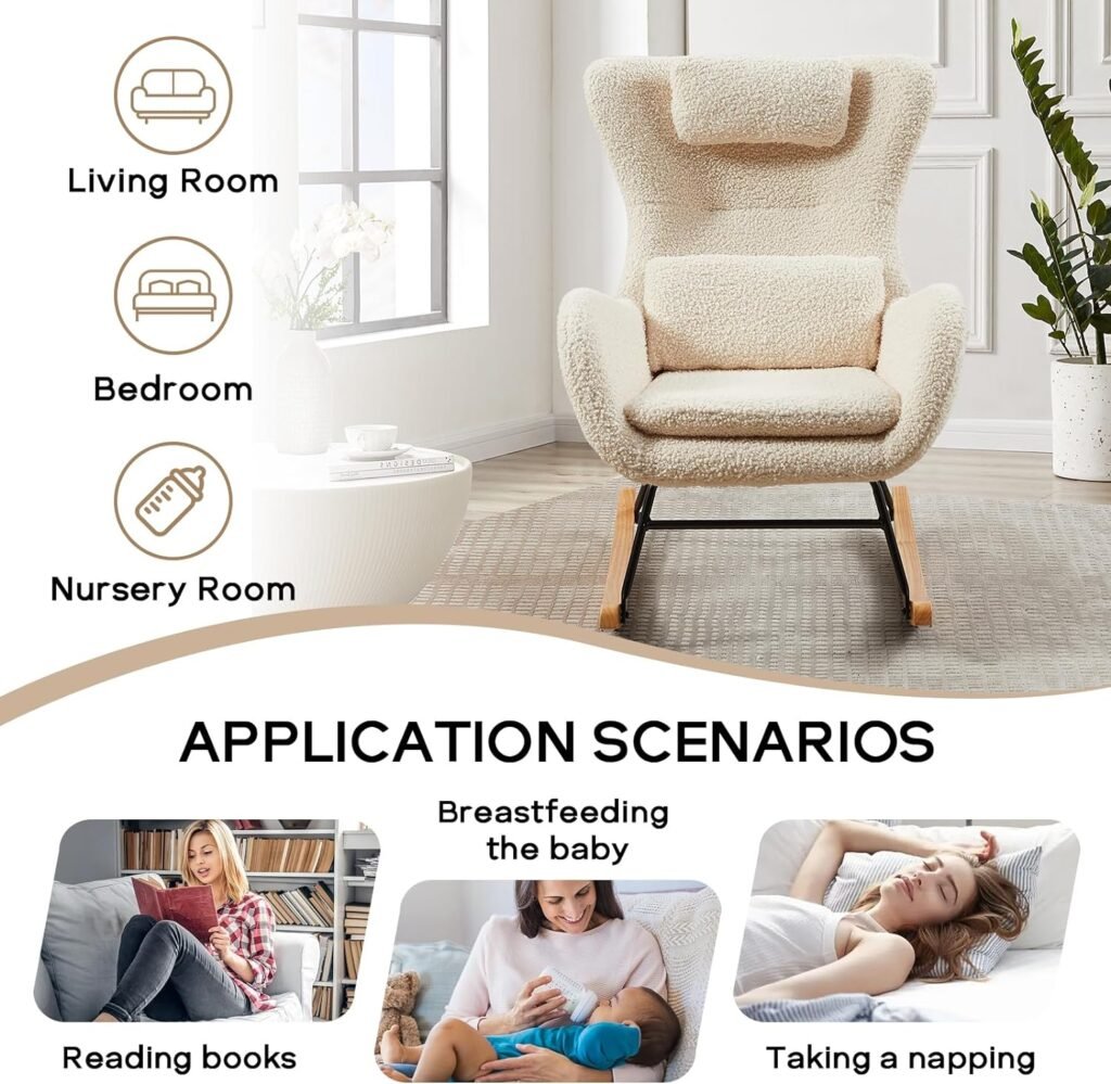 NIOIIKIT Nursery Rocking Chair, Teddy Upholstered Glider Rocker with Headrest and Lumbar Pillow, High Backrest Rocking Accent Chair with Side Pocket, Comfy Armchair for Living Room (Beige)