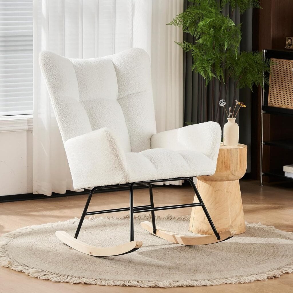 Nolohoo Rocking Chair Nursery, Teddy Upholstered Nursery Rocker Rocking Accent Chair with High Backrest Armrest for Mom, Baby, Bedroom and Living Room, White Teddy