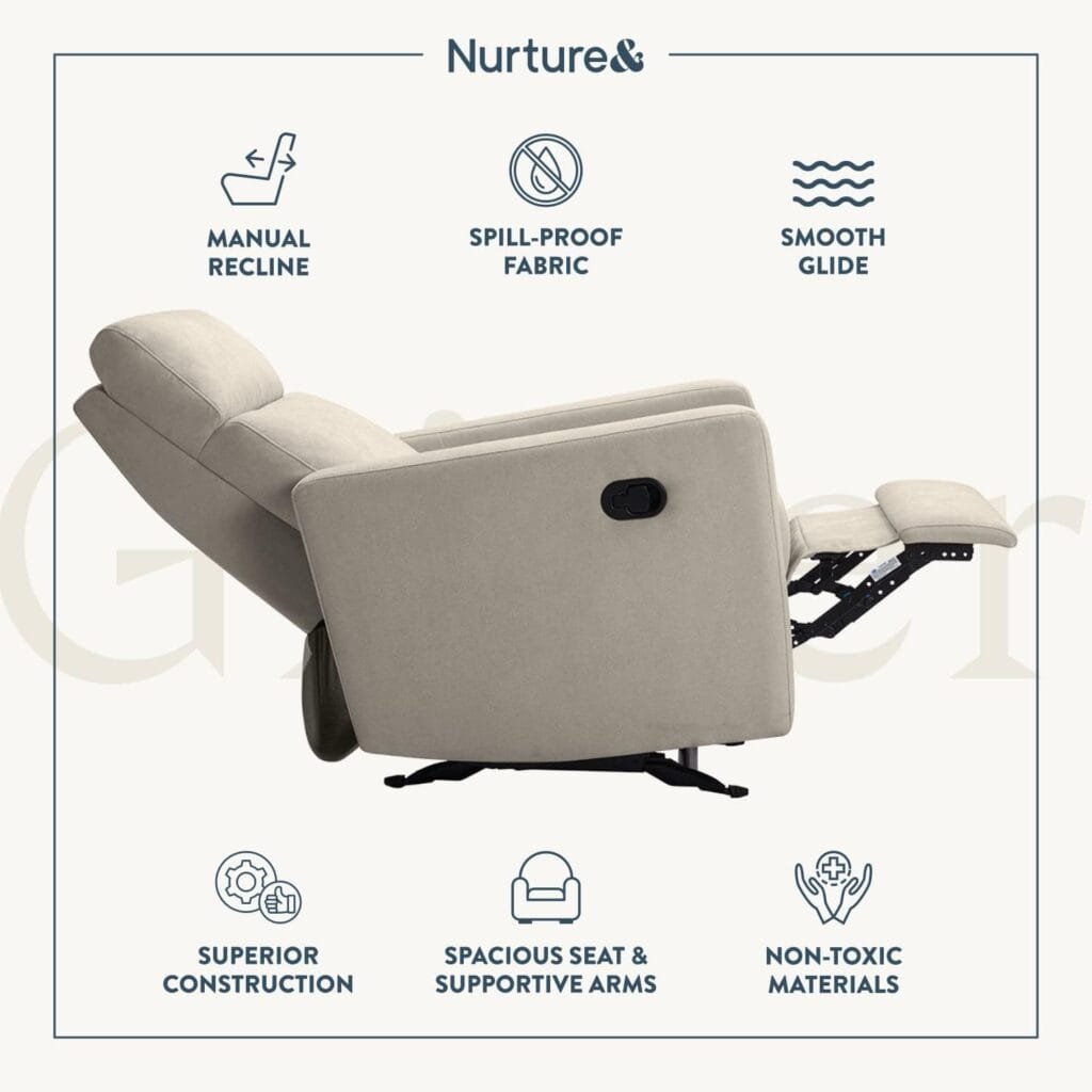 Nurture The Manual Glider Premium Modern Recliner Nursery Glider Chair with Spill, Stain Proof Fabric | Designed with a Thoughtful Combination of Function and Comfort | Water Repellant (Ivory)