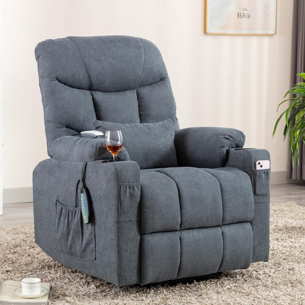 OBBOLLY Power Lift Recliner Chair for Elderly Massage with Heat, Linen Fabric Lazy Sofa with Cup Holders, USB, Side Pockets for Living Room