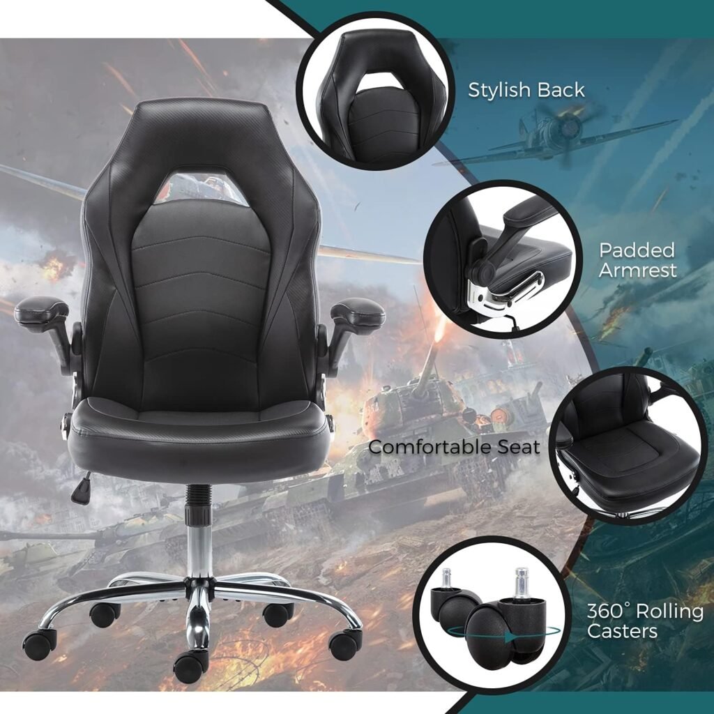 Office Chair, Gaming Chair Ergonomic Desk Chair Computer Chair PU Leather Executive Swivel Chair with Flip-up Armrests and Lumbar Support for Working, Studying, Gaming, Grey