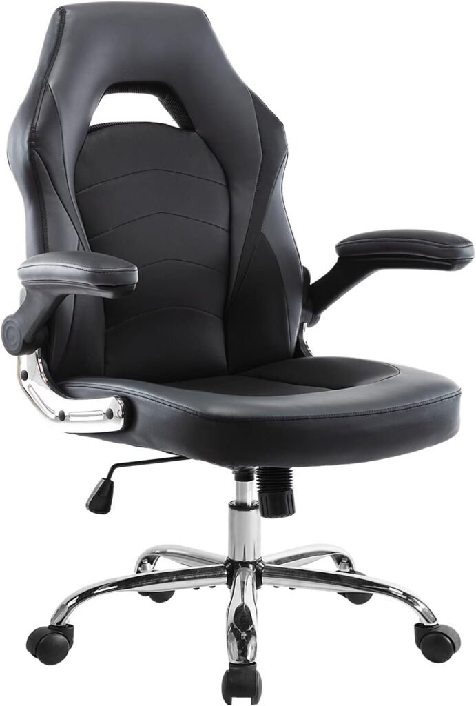 Office Chair, Gaming Chair Ergonomic Desk Chair Computer Chair PU Leather Executive Swivel Chair with Flip-up Armrests and Lumbar Support for Working, Studying, Gaming, Grey