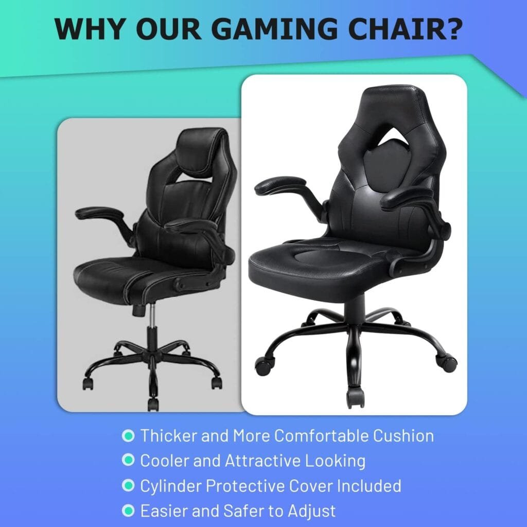 Office Gaming Chair with Flip-up Armrests, Ergonomic Computer Game Chair Bonded Leather Swivel Desk Chair Adjustable Height Comfortable Upholstered Armrests(Black)