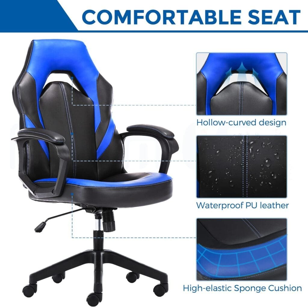 Office Gaming Chair with Flip-up Armrests, Ergonomic Computer Game Chair Bonded Leather Swivel Desk Chair Adjustable Height Comfortable Upholstered Armrests(Black)