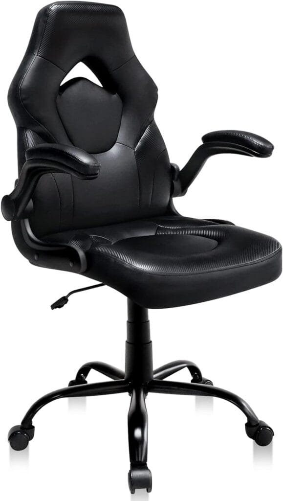 Office Gaming Chair with Flip-up Armrests, Ergonomic Computer Game Chair Bonded Leather Swivel Desk Chair Adjustable Height Comfortable Upholstered Armrests(Black)