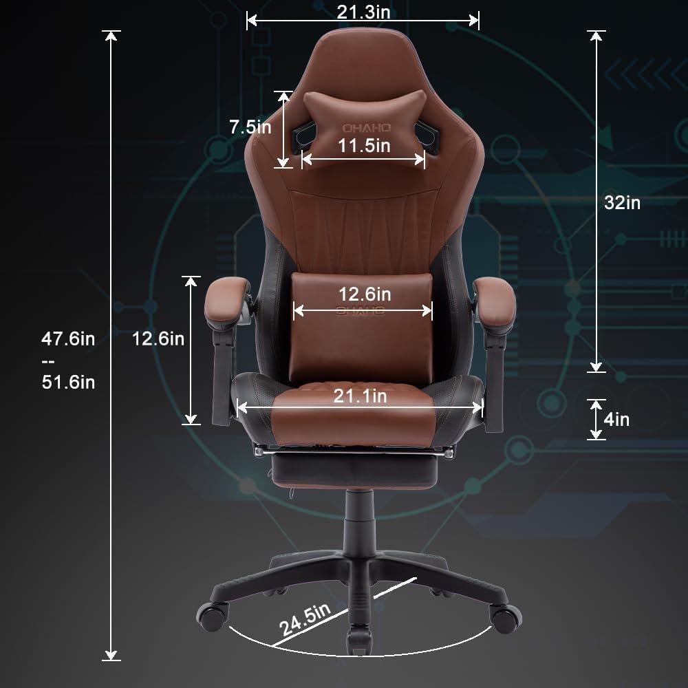 OHAHO Gaming Chair, Office Chair High Back Computer Chair Leather Desk Chair Racing Executive Ergonomic Adjustable Swivel Task Chair with Headrest and Lumbar Support (Tan)