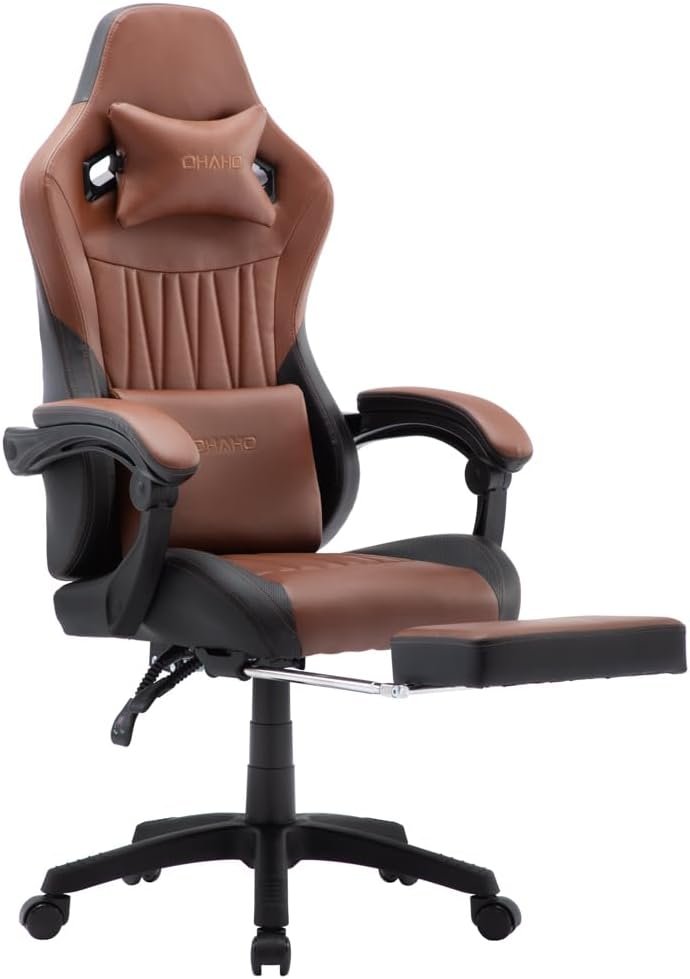 OHAHO Gaming Chair, Office Chair High Back Computer Chair Leather Desk Chair Racing Executive Ergonomic Adjustable Swivel Task Chair with Headrest and Lumbar Support (Tan)