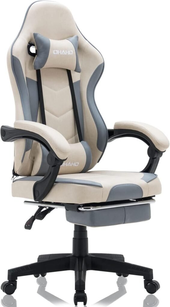 OHAHO Gaming Chair Racing Style Office Chair Adjustable Massage Lumbar Cushion Swivel Rocker Recliner Leather High Back Ergonomic Computer Desk Chair with Footrest (Beige)